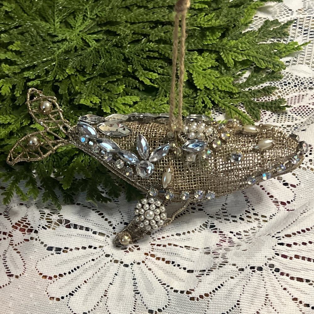 Large 8” Embellished Jewels Pearls Gold Wire Whale Ornament Christmas Glitter